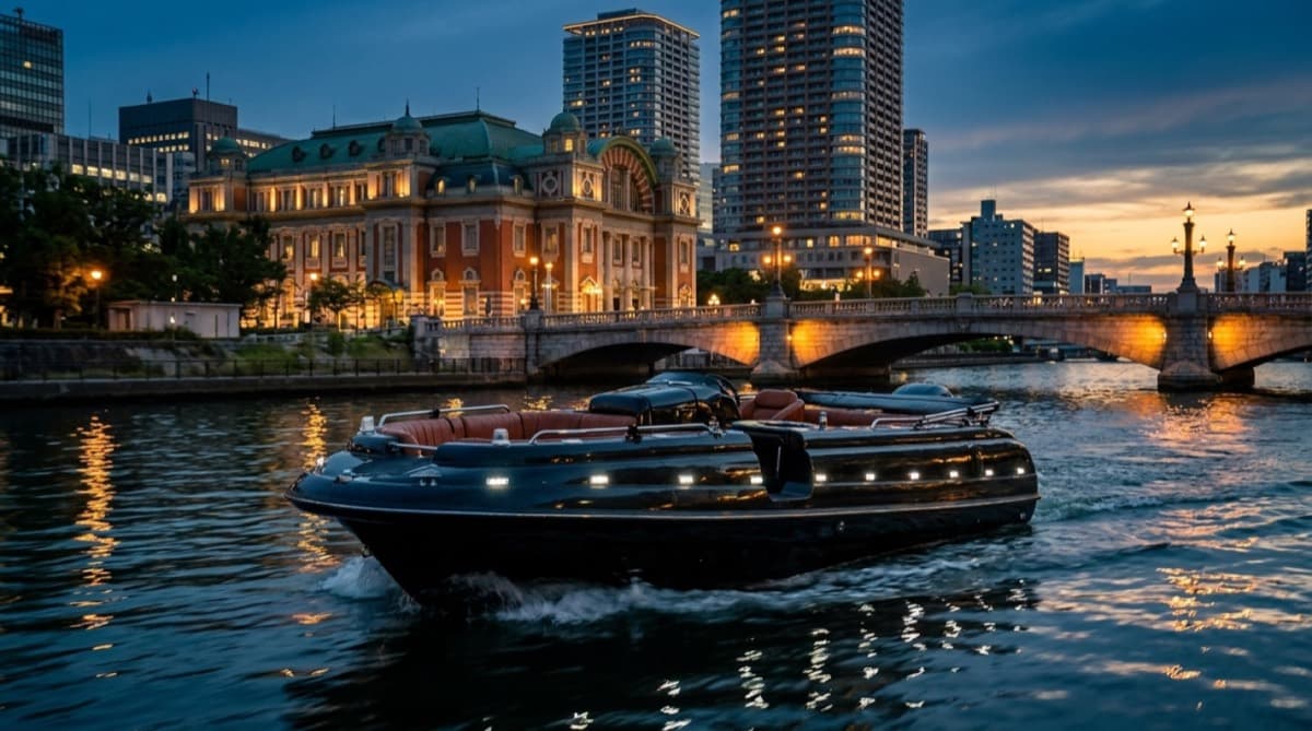 中之島の夜景をクルーズするスイバーの船